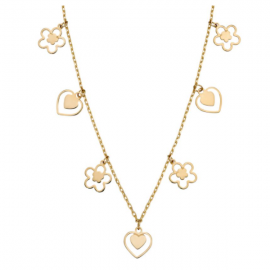 New Heart And Flower Charm Necklace In Yellow Gold